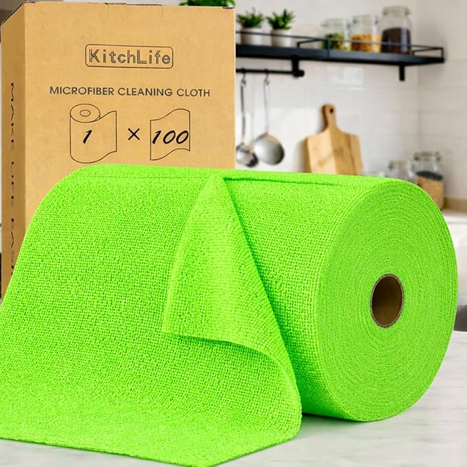 KitchLife Microfiber Cleaning Cloth Roll, 100 Pack - Tear-Away Microfiber Paper Towels, Lint-Free, Reusable, Washable for Kitchen, Car, Dishes, and Sensitive Surfaces (Neon Green)