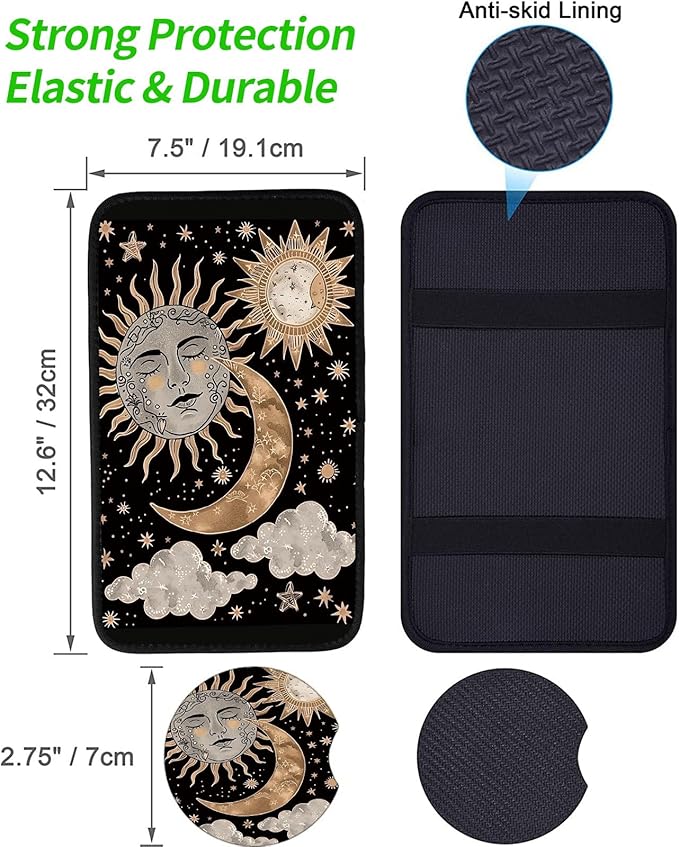 Car Armrest Cover Pads Universal Fashion Cute Auto Center Console Armrest Cover Pad with 2PCS Car Coasters Soft Waterproof Car Armrest Seat Protector for Women, Sun Moon Clouds Stars