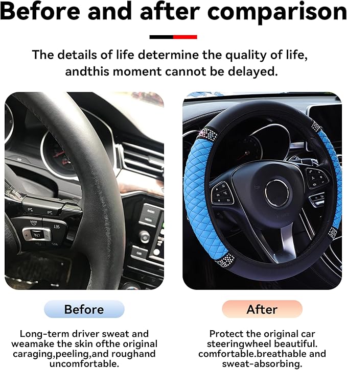 Bling Car Steering Wheel Cover, 15 Inch Rhinestones Soft Leather Elastic Steering Wheel Protector, Sparkly Crystal Diamond for Women Girls, Car Interior Accessories for Most Cars (Blue)