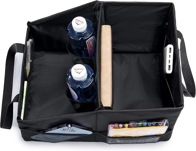 Front-Back Seat Car Organizer Box - Portable Passenger Seat Organizer, Odorless Fabric Car Seat Organizer, Universal Foldable Auto Seat Storage Caddy for Kids & Adults Road Trip Essentials (Black)