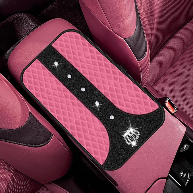 Pink Bling Car Console Cover Hot Pink Arm Rest Center Console Cushion Pad, Universal Anti-Slip Leather Armrest Box Decor Protector with Crystal Sparkling Rhinestone Car Accessories(Pink)