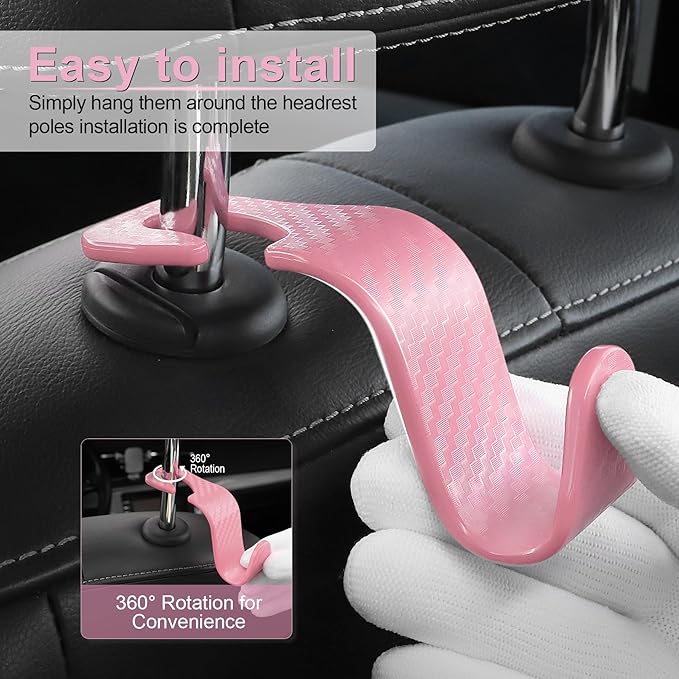 LivTee Car Purse Hook, Headrest Hook for Car, 4 Pack Universal Auto Car Seat Headrest Hook Hangers Organizer for Purse Coat Umbrellas Grocery Bags Handbag, Car Accessories - Carbon Fiber Pink