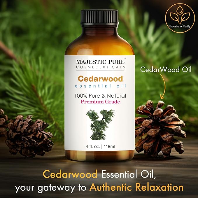 Majestic Pure Essential Oil with Glass Dropper - 100% Pure and Natural - Essential Oils for Diffuser, Aromatherapy, Soap and Candle Making, Cedarwood Essential Oil, Cedarwood Oil, 4 Fl Oz