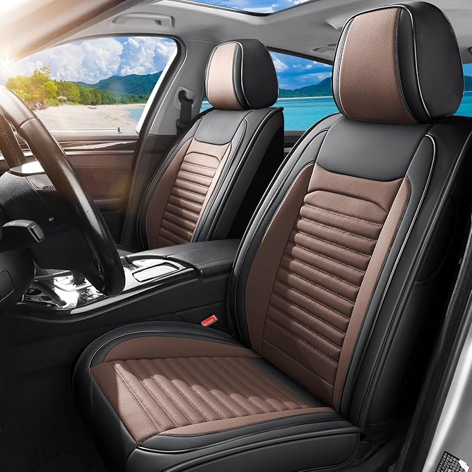 Car Seat Covers Full Set Fit for Toyota Yaris 2007-2020, Premium Faux Leather Car Seat Protector,Breathable Anti-Slip Full Wrapping Edge Seat Covers(Black&Brown,Full Set)