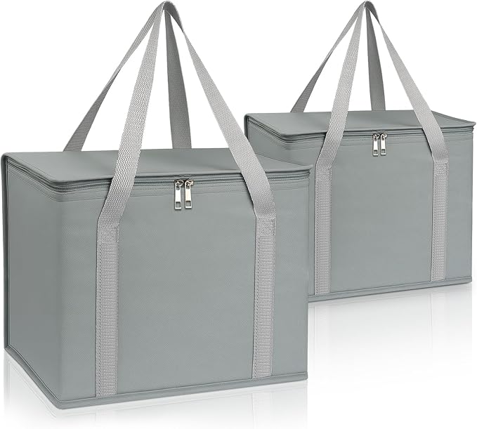 PEASUG 2 Pack Insulated Bags for Food Delivery, XL Pizza Delivery Bags, Large Capacity Cooler Bag Keep Food Warm for Grocery Shopping and Catering, Foldable, Heavy-Duty (Grey)