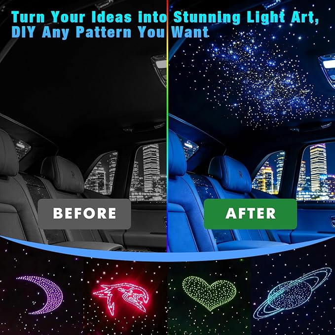 Starlight Headliner Light Kit 16W Upgraded Car Home Fiber Optic Lights 500pcs 0.03in(6.5ft/2m) Sound Activated APP/Remote Control Small Size Star Lights for Car Home Star Ceiling Decoration