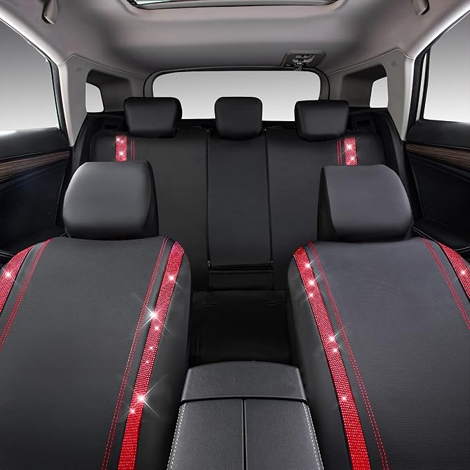 CAR Pass Bling Car Seat Covers Full Set, Shining Rhinestone Diamond Waterproof Faux Leather, Rear with Zipper, Universal Fit Automotive Glitter Crystal Sparkle Strips for Women Girl, Black Red