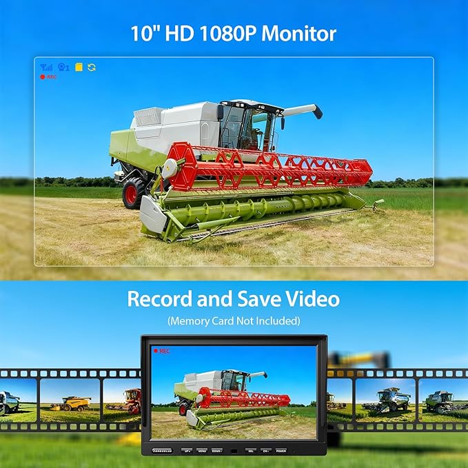 ZEROXCLUB 4 Wired Backup Camera System, 10" 1080P Monitor IP69K Waterproof Vibration-Proof 10G Rear Side View Camera, Quad Split Screen for Tractor, Truck, Trailer, Combine, Heavy Equipment, BH104