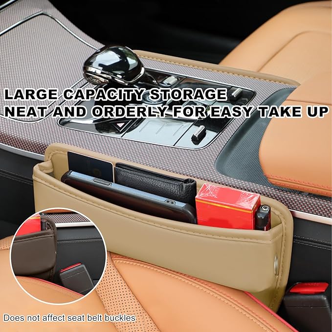 DXNQ Large Capacity Car Seat Gap Filler Organizer, Leather Car Front Seat Slot Storage Box Keeps Car Tidy, Portable Car Seat Gap Filler with 2 Charge Holes for Phones Glasses Keys Cards (Beige)