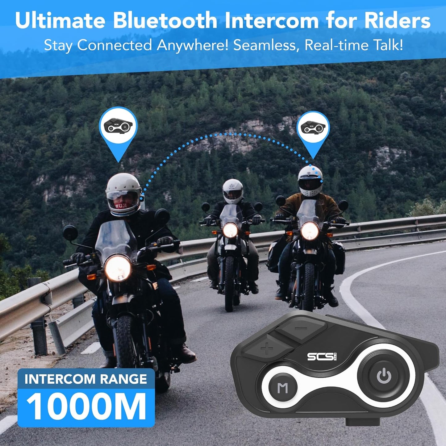 Motorcycle Bluetooth Intercom 1000m 2 Riders Motorbike Helmet Communication System Headset Universal Wireless Interphone (Waterproof/Handsfree/Stereo Music/GPS/FM/2 Pack)