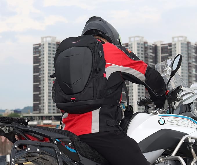 KINGSLONG 17 Inch Laptop Backpack with Hardshell, Armored Backpack with USB Port and Lightweight Rain Cover for Motorcycle Outdoor Racing Waterproof Rucksack Black