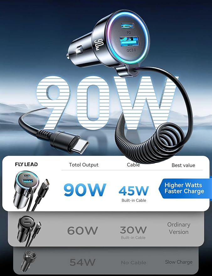 USB C 90W Car Charger for iPhone 17/16 Pro Max, PD & QC3.0 w/5 ft 45W Type Coiled Cable, Fast Car Phone Charger Adapter for iPhone 17Air/15 Pro, Samsung Galaxy S25/S24/S23, Pixel 10/LG/Android, iPad