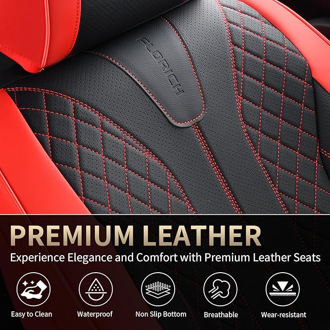 FLORICH Car Seat Covers Front Seats Luxury Faux Leather Waterproof Seat Covers Car Seat Protector Automotive Seat Covers Cushion Universal Fit for Most Cars SUV Trucks, Black&Red
