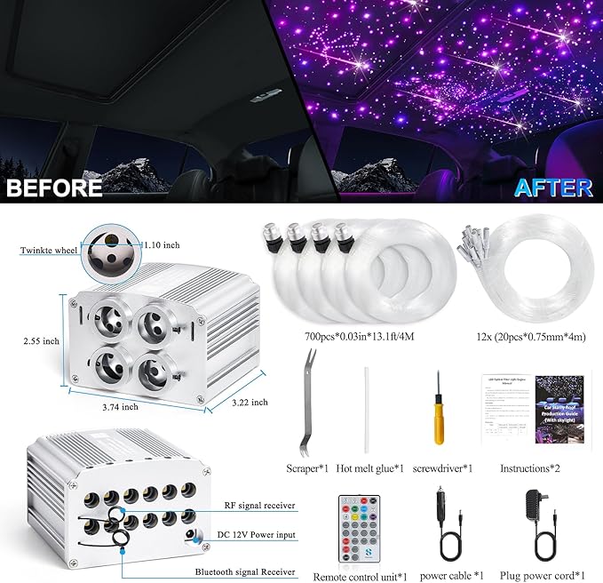 Car Starlight Headliner Kit, 4 Colors 32W Twinkle & Meteor Star Ceiling Lights, 2 in 1 Fiber Optic Light 4 Port Engine 700pcs*0.03in*13.1ft+240 RGBW Shooting Stars Lights for Car Home Roof Décor