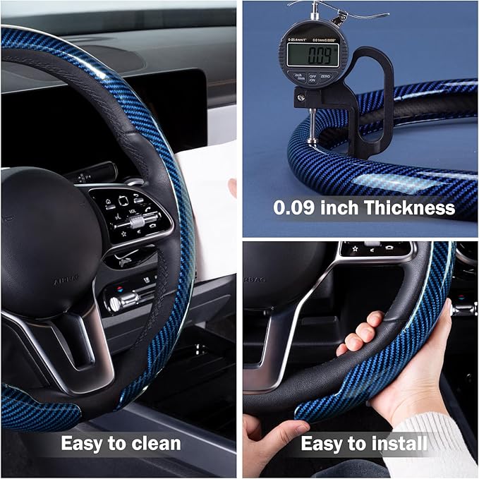 Car Steering Wheel Cover Carbon Fiber Snap On Steering Wheel Accessories Wrap 14.5-15 inch Universal Grip Anti-Skid Protector, Glossy Blue