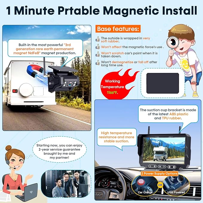 1080P HD Wireless Backup Camera: 1-Min Magnetic Easy Install No Wiring 7" Anti-Glare Monitor with Clear Night Vision - 24H Long Life Solar Scratch-Proof Rear View Camera for Truck Trailer SUV Small RV