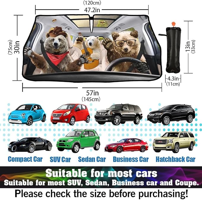 Socira Funny Bear Car Window Shades Windshield Sun Shade Umbrella Foldable Bear Sunshade for Front Window Auto Windshield Sunshade Covers Bear Car Accessories 57'' X 30''