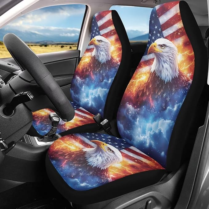 ELEQIN 2 Packs Car Front Seat Cover Car Seat Protector, Nonslip Seat Cover for Cars, Trucks & SUVs Car Interior Decor, Lighting Eagle US Flag Print