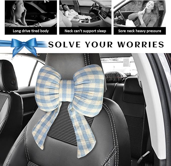 Sun Walker Bow Car Headrest Pillow, Breathable Bow-Shaped Vehicle Neck Pillow with Adjustable Strap, Ergonomic Neck Support Cushion Driving Seat Decoration for Women Girls (Blue & White)