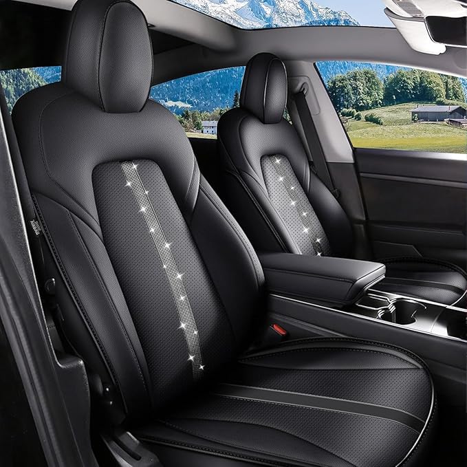 AOMSAZTO Upgrade for Tesla Model Y Seat Covers, Half Surround Bling Diamond Leather Seat Protectors, Airbag Compatible & Custom Fit 2020 2021 2022 2023 2024 5-Seater Full Set, Easy to Install