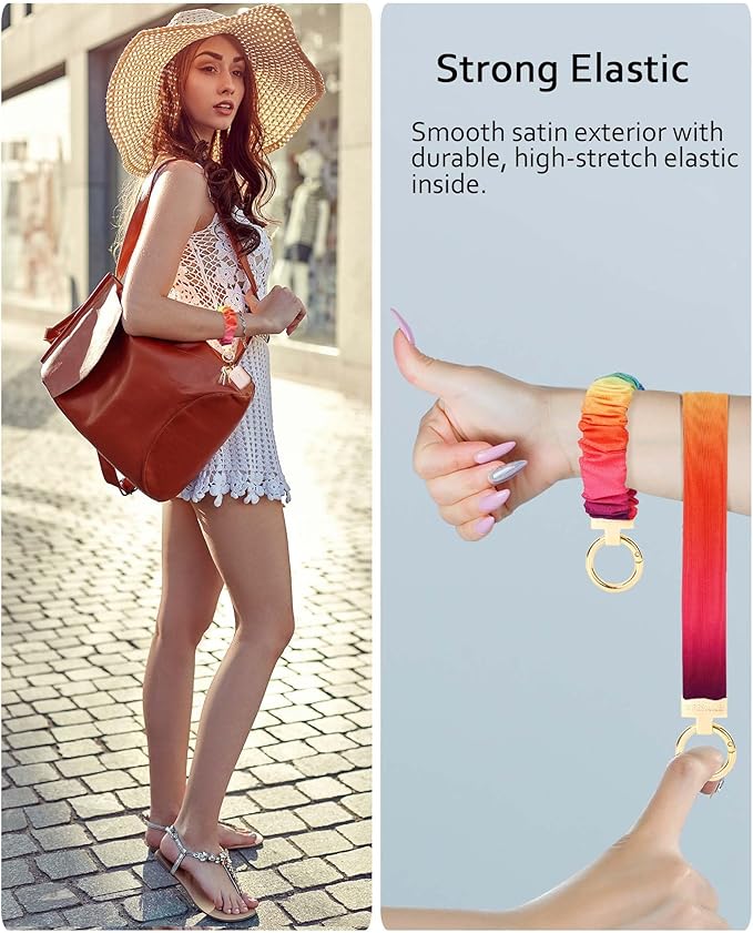 WEESMILE Keychain Wristlet, Stretchy Key Chain for Car Keys with D ring, Cute Scrunchie Wrist Bracelet for Women Men