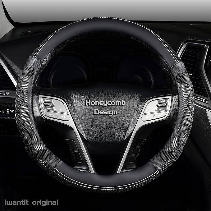 Iwantit® Steering Wheel Cover with 3D Honeycomb Anti-Slip Design and Breathable Fabrics, Universal 14.5-15 Inch (White/Black)
