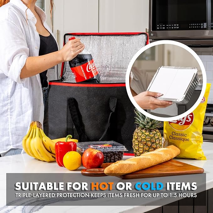 Carrywell (Not Made In China) Insulated Reusable Grocery Bags, Catering and Delivery Bag For Hot and Cold Food, Collapsible Thermal Tote For Doordash