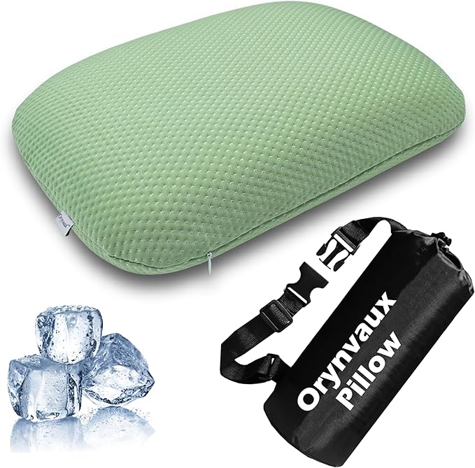 Cooling Camping Pillow, Memory Foam Travel Pillow with Adjustable Buckle Strap & Storage Bag, Compact Small Pillow for Airplane, Car Lumbar, Office, Washable Cooling Cover, Canopy Green
