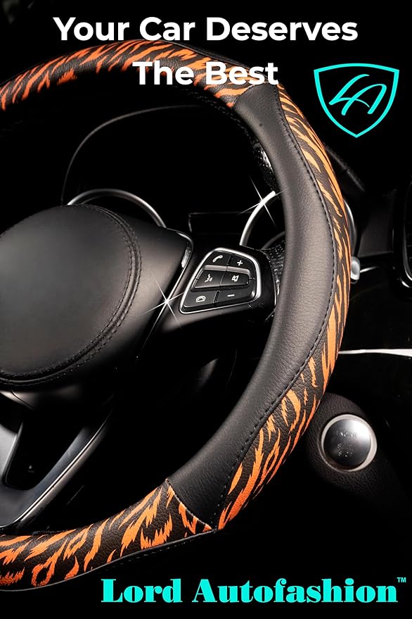 Lord Autofashion Steering Wheel Cover – PU Leather, Non-Slip Rubber Inner, All-Season Comfort – 14.5–15 Inch (Black/Tiger 8684)