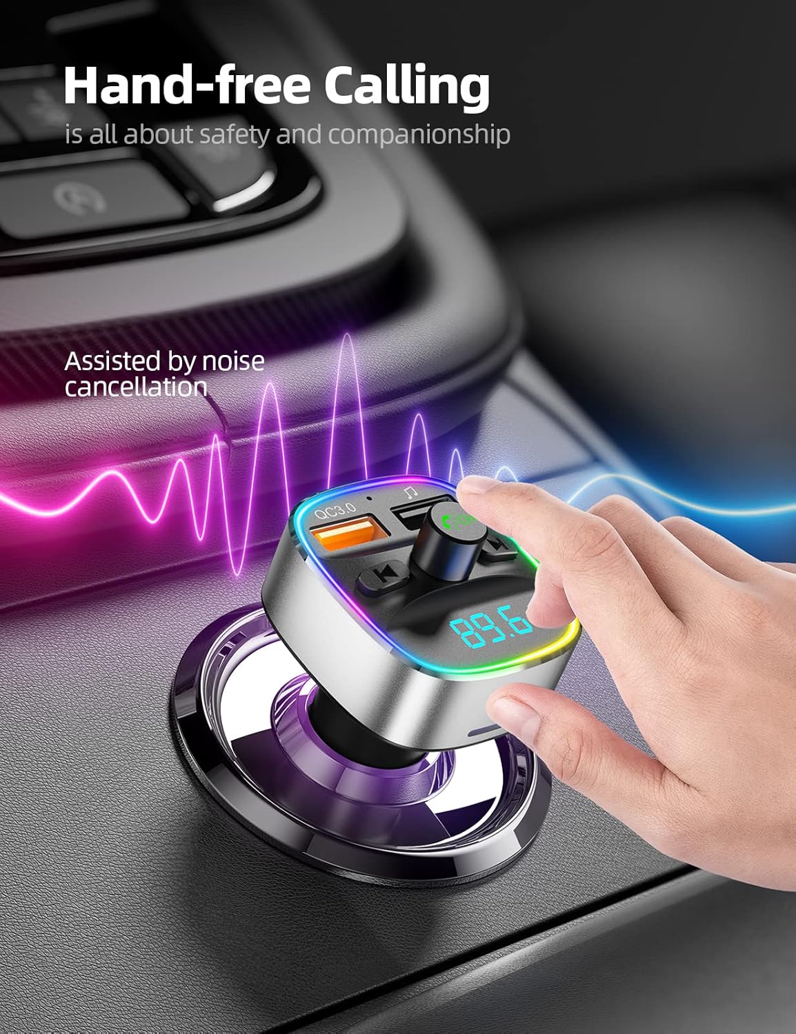 Nulaxy Bluetooth FM Transmitter for Car,Bluetooth Car Adapter Charger with Dual USB Charging Ports, MP3 Music Player Supports TF Card & USB Disk,Hands Free Calling, 7 Colors Led Backlit Light - Silver