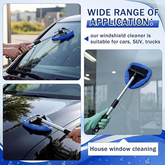 FoldTier 8 Pcs Car Windshield Cleaner Kits with Extendable Handle, 5 Microfiber Towel Pads, 1 Brush, 1 Empty Spray Bottle for Auto Glass Wiper Suvs Rvs & Home Windows(Blue)