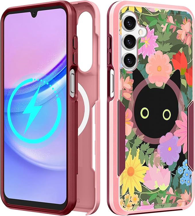 for Samsung Galaxy A16 5G Phone Case - Compatible with MagSafe Women Girls Cute Magnetic Protective Cover Kawaii Girly Cat Flower Floral Heavy Duty Shockproof Design for Samsung A16 5G Case