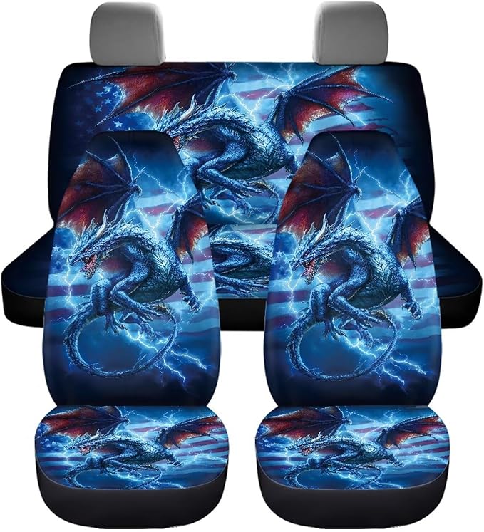 KEIAHUAN 4pcs Car Seat Covers Full Set Blue Dragon American Flag Auto Seat Cover Universal Front and Rear Seat Covers Light Breathable Automotive Interior Accessories for SUV,Sedan,Truck