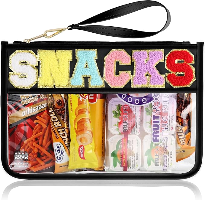 Snack Bag for Travel - Clear Chenille Varsity Letter Flat Pouch with Zipper, 12.2×8.46 inch Waterproof Clear Nylon Preppy Patch Makeup Cosmetic tote Bags for Women Girls