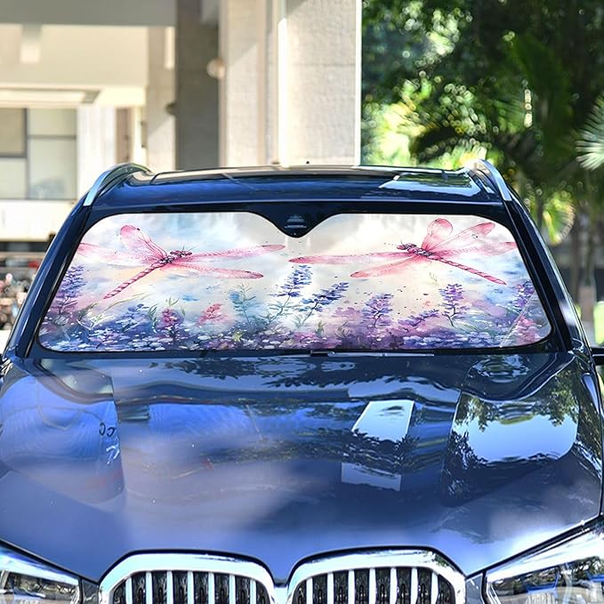 xigua Watercolor Dragonflies Car Windshield Sunshade Foldable Front Window Sun Visor Protector for Car,SUV,Truck - Keep Vehicle Cool,55 x 27.6 Inch
