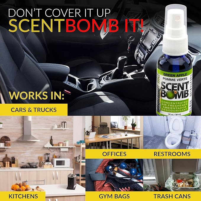 Scent Bomb Air Freshener Spray, Long-Lasting Odor Eliminator - Effective Deodorizer for Home & Car, Fresh Room Spray for Kitchen, Bathroom & Smell Neutralizer - 1 oz Pack of 4, Green Apple Scent