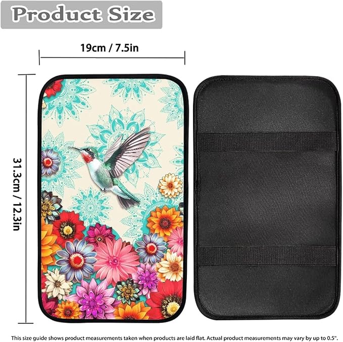 Boho Flower Hummingbird Vehicle Armrest Covers Armrest Seat Box Cover Protector Middle Storage Organizer Pad Aesthetic Interior Decor