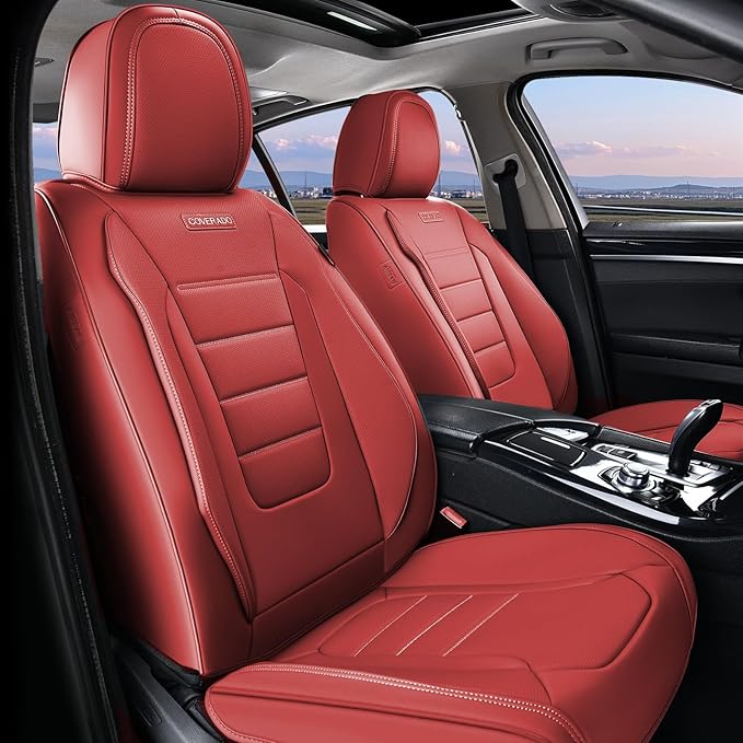 Coverado Car Seat Covers Full Set, Nappa Leather Seat Covers for Cars, Car Seat Protector Car Seat Cushion, Front and Back Seat Protectors Cushions Universal Fit for Most Cars Vehicles(Red)