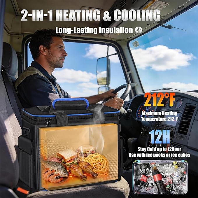 20L Large Heated Lunch Box Insulated Lunch Bag, Auto Temp Control Electric Lunch Box for Adults Men, 12/24/110V Portable Food Warmer for Truck/Car/Work/Travel, Lonchera Eléctrica Portátil