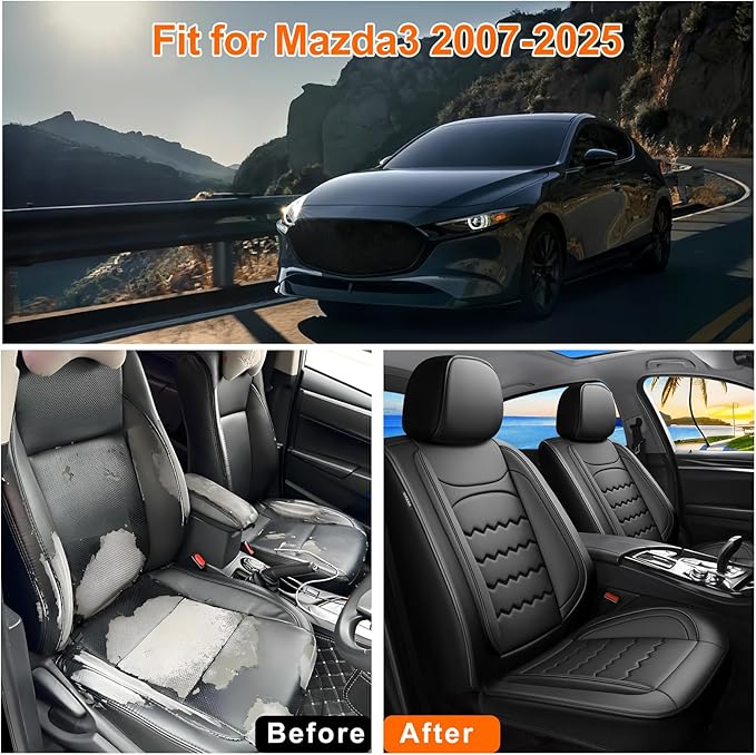 Car Seat Covers Custom Fit for Mazda 3 2007-2026, Premium Leather, Full Coverage Leather Waterproof Breathable Seat Covers, Automotive Seat Protectors, Airbag Compatible(2 Front Seats, Black)