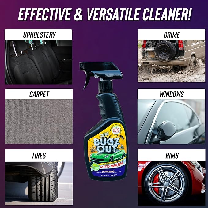 Bugz Out Car Bug Cleaner, Remover & Wash - Spray Bugs, Tar, Bird Poop Off Exterior of Car & Windshield. Remove Black Streaks Without Scratching or Removing Paint. 24 oz bottle w/ Microfiber Cloth