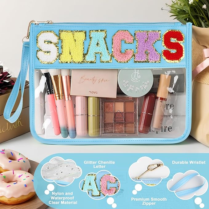 Snack Bag for Travel - Clear Chenille Varsity Letter Flat Pouch with Zipper, 12.2×8.46 inch Waterproof Clear Nylon Preppy Patch Makeup Cosmetic tote Bags for Women Girls