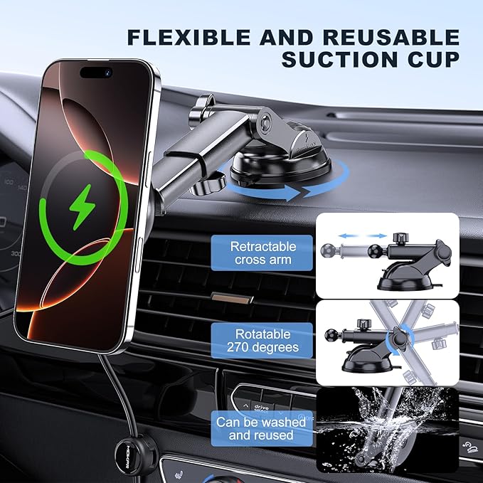 MOKPR for Mag-Safe Car Mount Charger, Magnetic Phone Holder for Your Car Charger Dash Windshield Vent Magnetic Wireless Car Charger Mount for iPhone 17 16 15 14 13 12