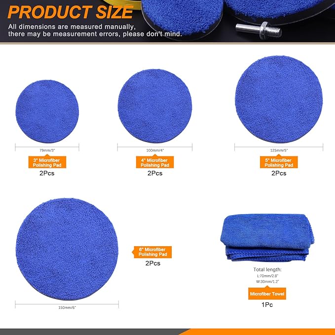 4 Sizes Microfiber Polishing Buffing Pads Kits Removing Wax with 3" 4" 5" 6" Hook and Loop Backing Pads Buffer Pads Microfiber Wax Applicator for Car Polishing Waxing and Cleaning