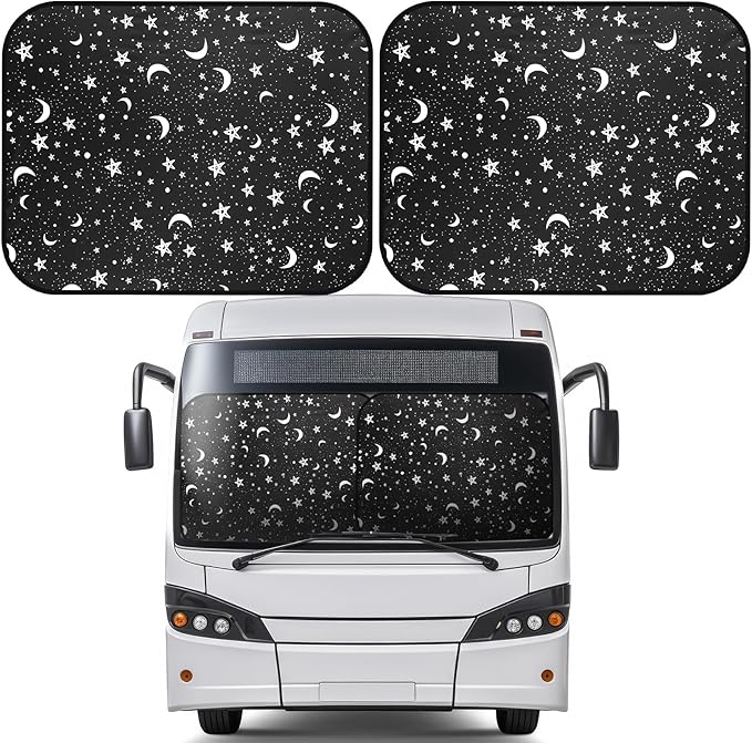 Moukeren 2 Pcs RV Windshield Sun Shade Foldable RV Window Covers for Car Accessories Reflective Windshield Cover UV Sun Heat Protector for RVs, Trucks, Motorhomes, Large Bus (Star Moon,41.5 x 50 Inch)