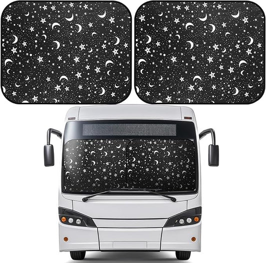 Moukeren 2 Pcs RV Windshield Sun Shade Foldable RV Window Covers for Car Accessories Reflective Windshield Cover UV Sun Heat Protector for RVs, Trucks, Motorhomes, Large Bus (Star Moon,41.5 x 50 Inch)