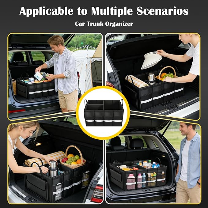 CloudDream Trunk Organizer for Car,70L Large Foldable Waterproof Organizer for SUV,Truck, Van & Sedan,3 Compartments, Black (Black-23.6")