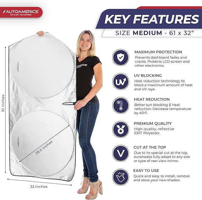 Autoamerics 1-Piece Windshield Sun Shade Standard Silver Foldable Car Front Window Sunshade for Most Cars SUV Truck - Heat Blocker Visor Protector Blocks Max UV Rays and Keeps Your Vehicle Cool Medium