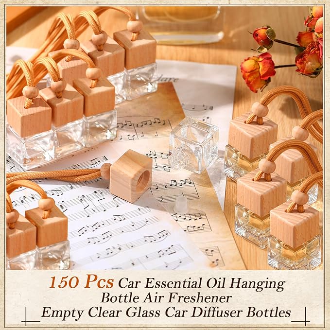 Domensi 150 Pcs Car Air Freshener Hanging Car Diffuser Bottles Empty Glass Perfume Bottles Refillable Air Freshener Pendant Aromatherapy Fragrance Vials Ornament Decor