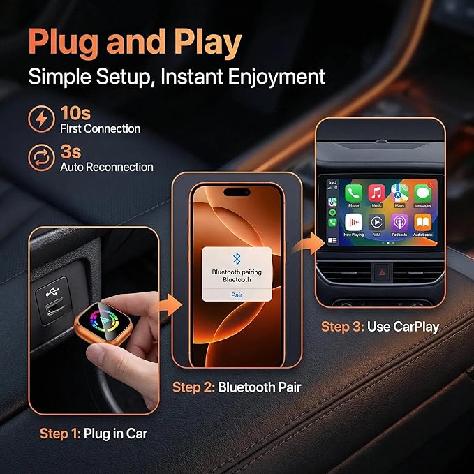 2-in-1 Wireless CarPlay Adapter for iPhone & Android Auto, Converts Wired to Wireless CarPlay in 5 Sec, Plug & Play No App Needed, Auto-Reconnect, Mini Dongle for 1000+ Cars iOS 10+ Android 11+